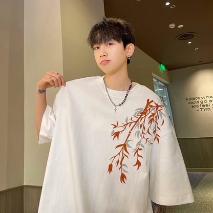 Men's Oversized T-shirts Mens Cotton T Shirt White 5XL Casual Summer Wear Fashion Bamboo Print Tee Shirts for Men Clothing