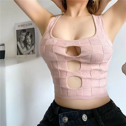 jinran Y2K Gyaru Sexy Crop Top Women Hollowed Knitting Vest Slim Was Thin Summer Solid Color Lattice Women Tank Top 2022 New