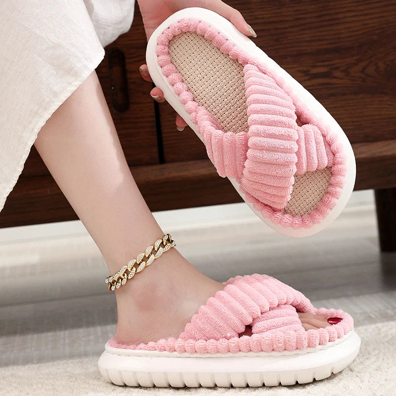 jinran 2024 Autumn Winter New Women Home Slippers Open-Toe Cross Band Linen Soled Indoor Slides Linen Soled Non-Slip Bathroom Slippers