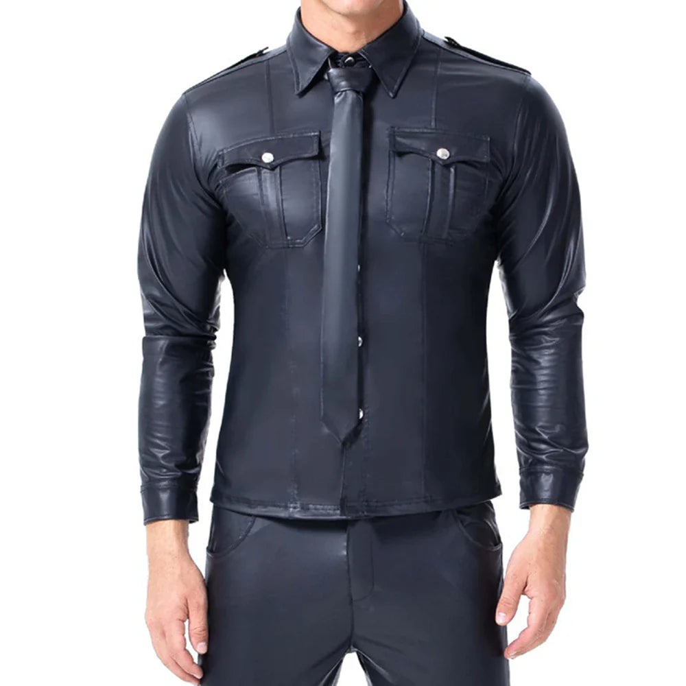 Fashion Black Faux Leather Men Oversize Fitness Shirts Long Sleeves Pocket PU Metal Fastener Tops Tees Sexy Slim Fit Sexy Shirt