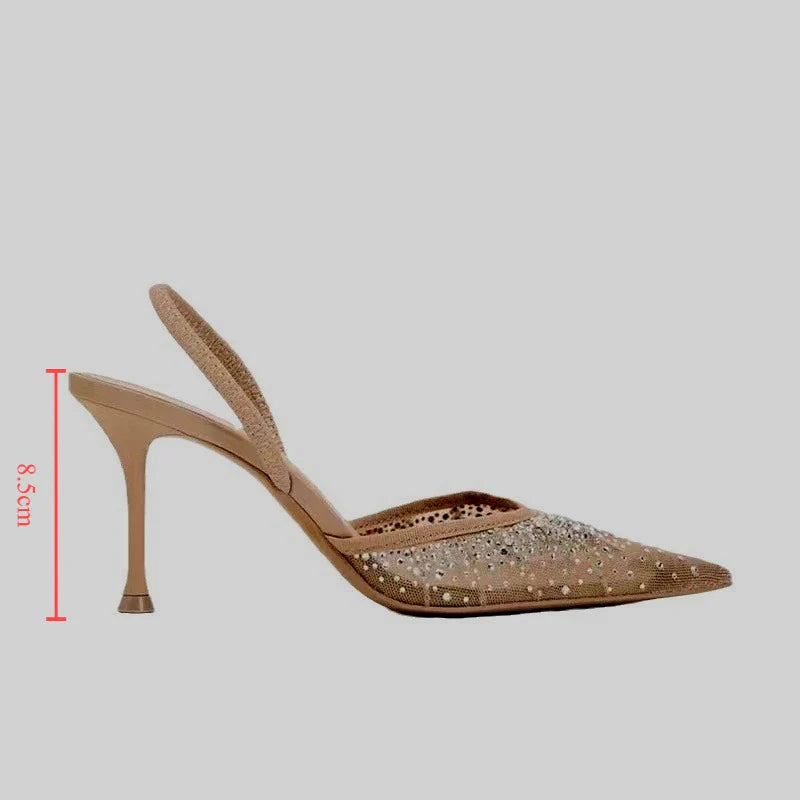 jinran 2024 Summer New Women's Sandals Water Diamond Bright Mesh High Heels Footwear Elegant Slingback Pointed Slip on Party Lady Shoes