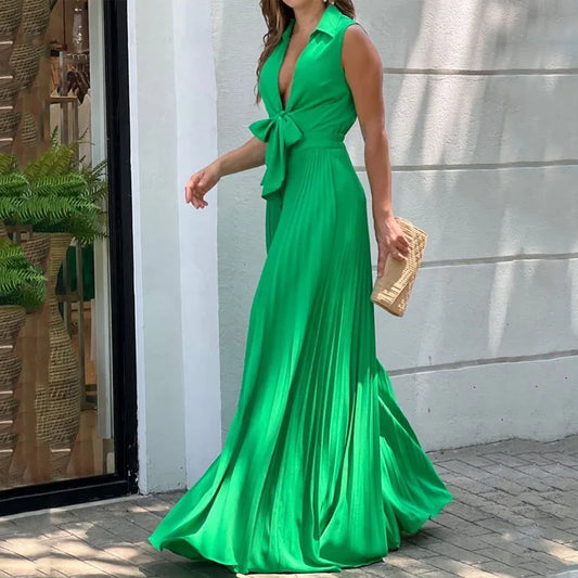 jinran Women's Jumpsuit Summer Fashion V Neck Sleeveless Lapel Solid Color Pleated Ties Loose Wide Leg Jumpsuit