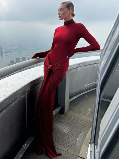 jinran Woman Clothing Turtleneck Low Waist Bandage Bodycon Holiday Dress Streetwear Autumn Winter Solid Slim Party Club Long Dresses