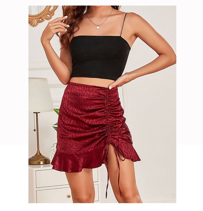 jinran Fashion Drawstring Leopard Print Satin Women Mini Skirt Summer High Waist Zip Up Ladies Fairycore Trend Miniskirt