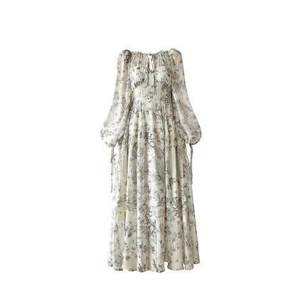 jinran French Elegant Floral Midi Dress Woman Evening Party Summer Beach Fairy Long Sleeve Sundress One Piece Dress Korean Fashion