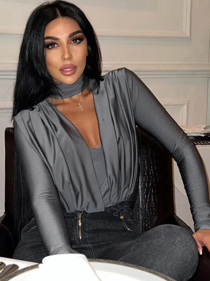 jinran Deep V Neck Full Sleeve Sexy Bodysuit Women Rompers Winter New Skinny Party Pleated Bodysuits Ladies T-shirt Clubwear