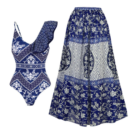 jinran 2024 One Piece Swimsuit Women Swimwear with Beach Skirt V Neck Bathing Suit Flower Beachwear Monokini Swim Summer