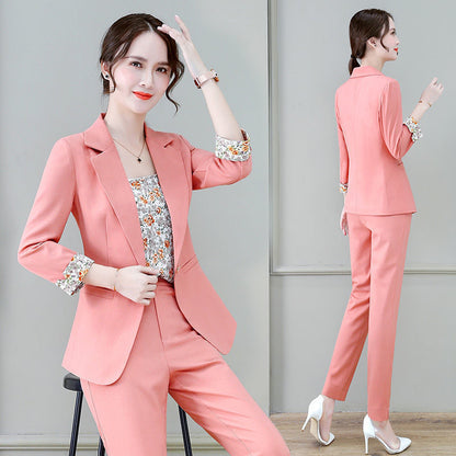 jinran 2022 Summer New Korean Fashion Elegant Women's Pants Suit Printed Vest Flannel Jacket Casual Trousers Three Piece Set Blazer