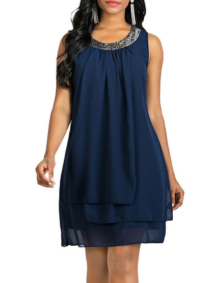 jinran Women's Shift Dress Knee Length Dress Sleeveless Solid Color Layered Spring & Summer Loose Size Hot Black Purple Navy Blue
