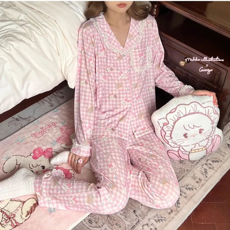 Korean Lace Pajamas Women Spring Sleepwear Lace Plaid Pyjamas Cute Cartoon Long Sleeve Nightdress Loose Comfortable Home Wear