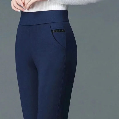 jinran Spring and Summer Women's High Waist Solid Print Pocket Patchwork Elastic Slim Elegant Commuter Fashion Casual Bottom Pants