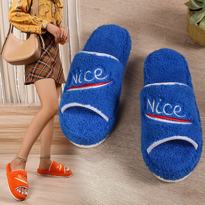 jinran 2022 Women New Luxury Brand One-word Thick-soled Warm Furry Women's Shoes Embossed Cotton Drag Outdoor All-match Casual Slippers