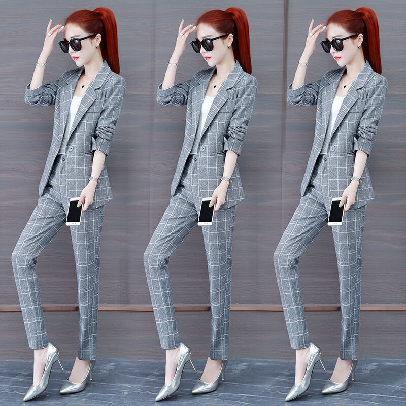 jinran Summer New Korean Fashion Elegant Women's Pants Suit Thousand Bird Lattice Slim Fit Jacket White Vest Trousers Three Piece Set