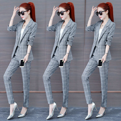 jinran Summer New Korean Fashion Elegant Women's Pants Suit Thousand Bird Lattice Slim Fit Jacket White Vest Trousers Three Piece Set