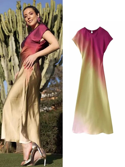 jinran Women New Fashion Tie-Dyed Long Dresses 2023 Spring Summer Elegant Sleeveless Folds Sweet Vestidos High Street Outwear
