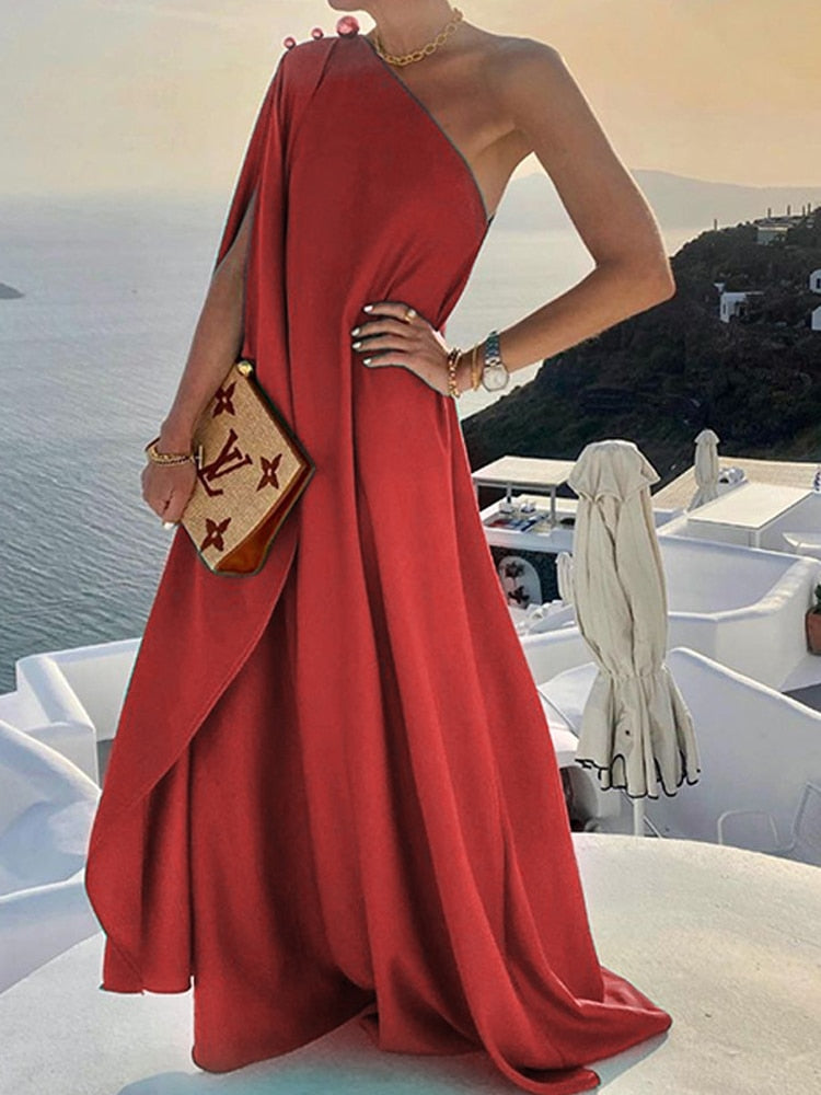 jinran New Summer Fashion One Shoulder Button Beach Long Dress Elegant Women Solid Loose Party Dress Sexy Diagonal Neck Boho Robe Dress