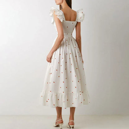 jinran Women Sexy Square Collar Hem Boho Long Dress Spring Print Button A-Line Party Dress Summer Puff Sleeve Ruffle Holiday Maxi Dress