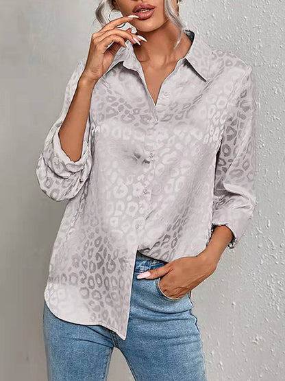 jinran Elegant Office Lady Leopard Print Lapel Blouse Casual Long Sleeve Jacquard Spring Summer Luxury Shirt Vintage Oversize Top Tunic