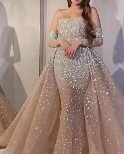 jinran Women Elegant Formal Dress 2024 Sequined Sexy Strapless Maxi Dress Luxury Wedding Bridesmaid Evening Party Dresses