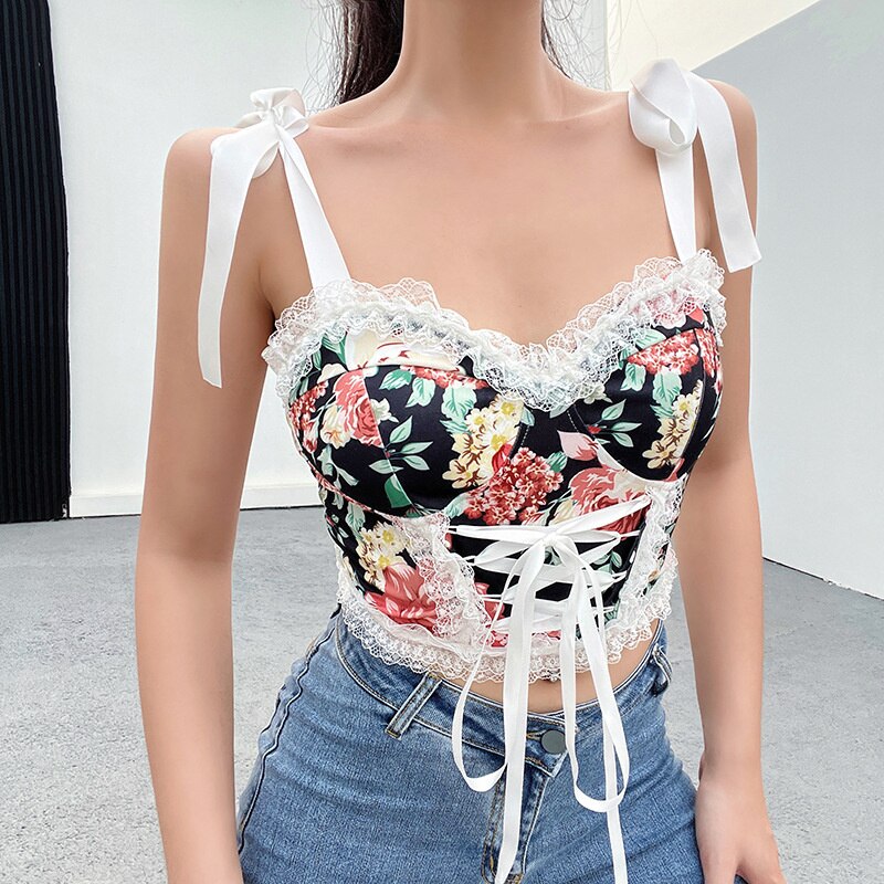 jinran Top Womens Summer Tank Tops Sexy Elegant Vest Corset Straps Sleeveless Lace Design Printing Fashion Chic Club Party Wear