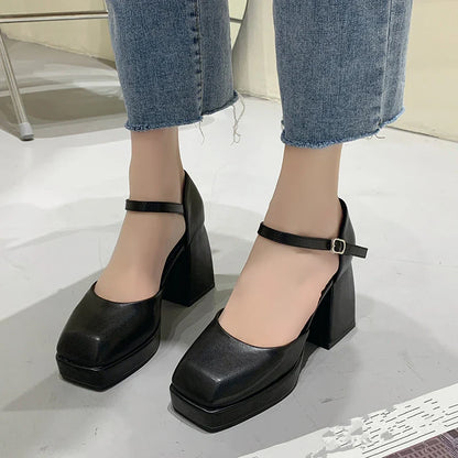 jinran 2024 Spring and Summer New Waterproof Platform Simple Black Thick Heel High Heels Women's Thick Sole Elegant Shoes