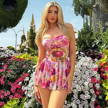 jinran Summer Women Sexy Y2K Print Flower Spaghetti Shoulder Strap Mini Dress Graphic Evening Birthday Party Clubwear Sundress Vestidos