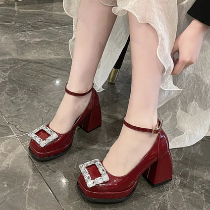 jinran 2024 Women Autumn Style Fashion Square Head Brand Design Female Mary Jane Shoes Casual Banquet Party Female High Heels Zapatos