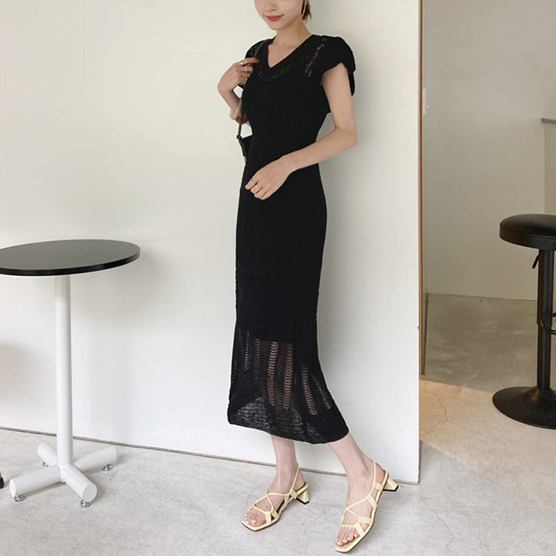 jinran 2022 Elegant Slim Knit Long Dress Women Summer Korean Simple Solid Sexy Hollow Out Deresses Female 2 Piece Set Derss