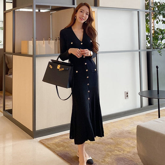 jinran Vintage Korean Maxi Dresses for Women Party Long Sleeve V-neck Mermaid Dress Elegant Fashion Ladies Vestidos Femme Autumn 2022