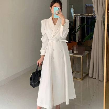 jinran Women's Spring Autumn Casual A-Line Midi White Shirt Dress Long Sleeve Elegant Slim Waist Vestidos Female Fashion Black Clothes