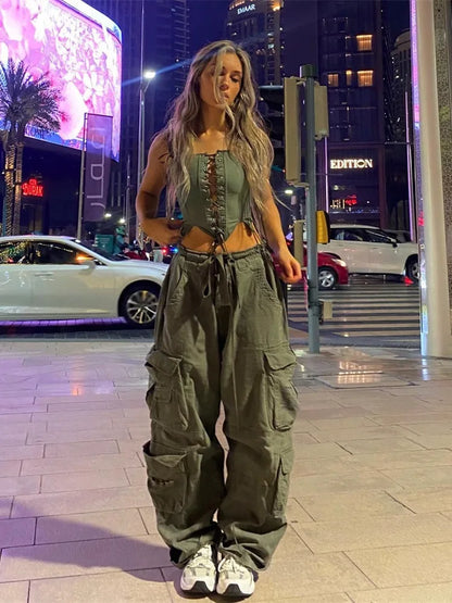 jinran Women's High Waisted Cargo Pants Travel Y2K Streetwear Baggy Stretchy Pants with 6 Pockets Drawstring Ankle Cuffs