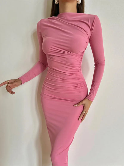 jinran Elegant Long Sleeve Sexy Maxi Dress For Women Autumn Winter New O Neck Ruched Bodycon Long Dress Fashion