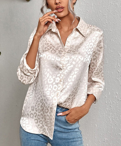 jinran Elegant Office Lady Leopard Print Lapel Blouse Casual Long Sleeve Jacquard Spring Summer Luxury Shirt Vintage Oversize Top Tunic