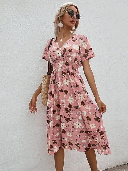 jinran Floral Print Shirred Waist Flared Hem Dress Summer Women Holiday Short Sleeve V-neck A-line Long Dress Robe Femme