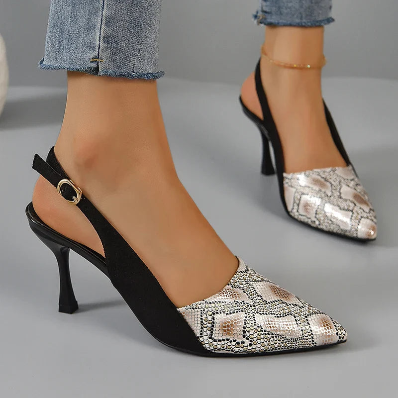 jinran 2024 New High Heels Mules Sandals Women Fashion Snake Pattern Thin Heeled Shoes Woman Back Strap Pointed Toe Sandalias