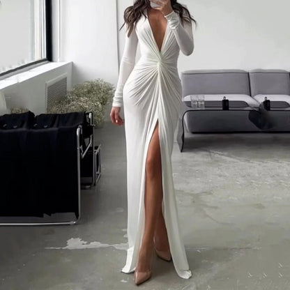 jinran Women Maxi Dress Summer Fashion Sexy Slit V Neck Long Sleeve Solid Slim Pleated Evening Party Dresses High Streetwear