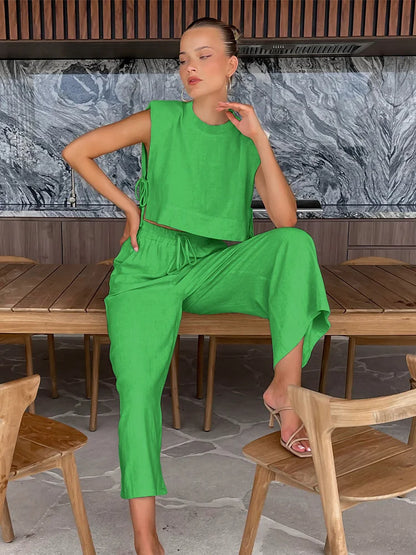 jinran Spring Summer 2024 Women Holiday Linen Pant Set Crop Tops Solid Outfits 2 Two Piece Matching Set For Women