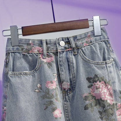 jinran Spring And Summer Trendy Flower Split Denim Skirt Women's 5XL Slightly Fat MM Thin Bag Hip Mid-length A-line Skirt