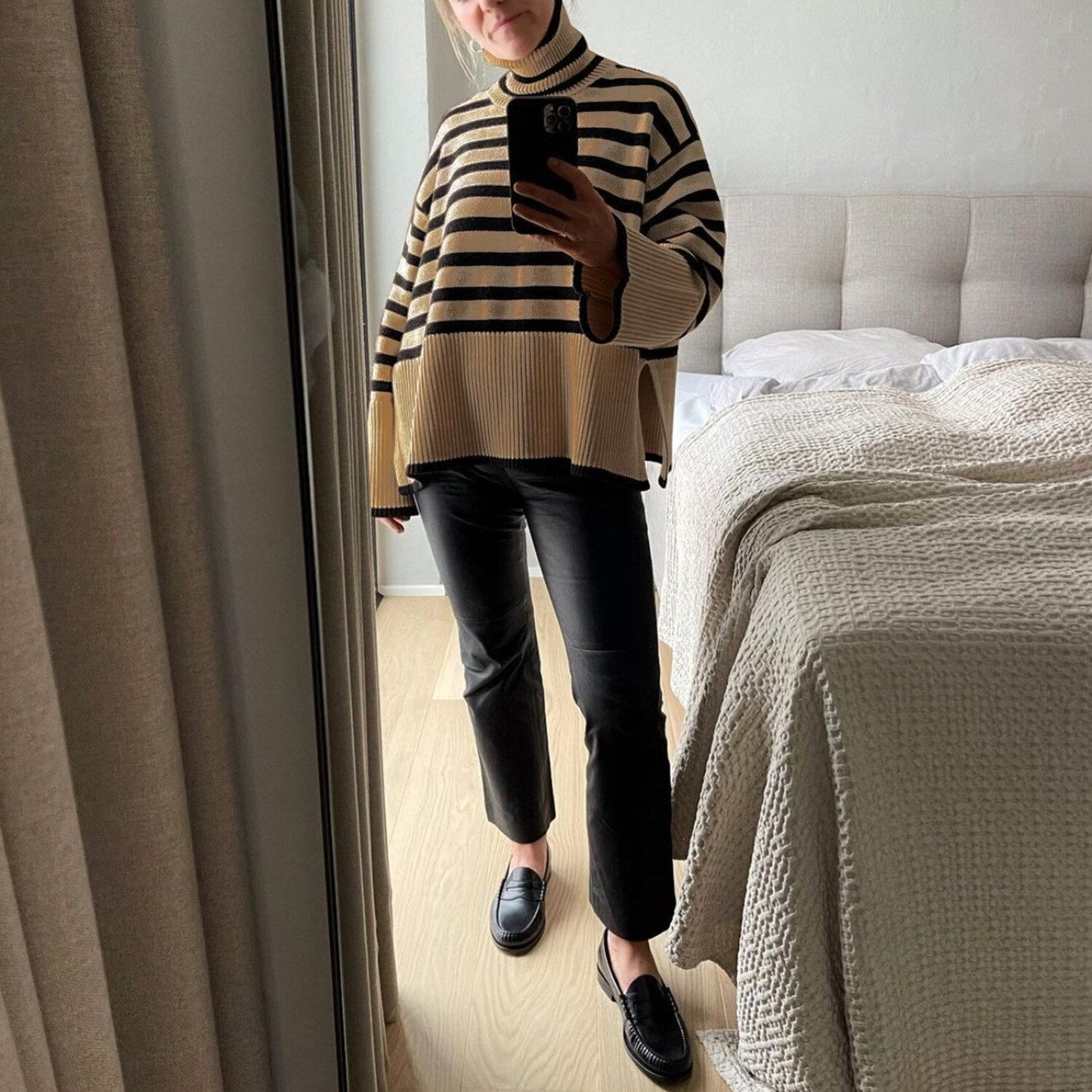 jinran Autumn New Women's High Collar Knitted Sweater Striped Slit Pullover Oversized Sweater Winter Clothes Women Thick Sweaters