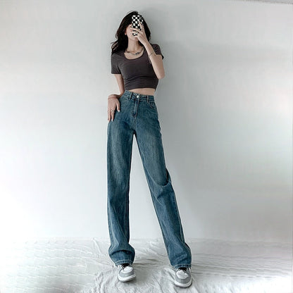 jinran Jeans Women Baggy High Waist Pants 2022 New Fashion Straight Leg Pants Y2k Denim Trousers Vintage Loose Washed Mom Jeans