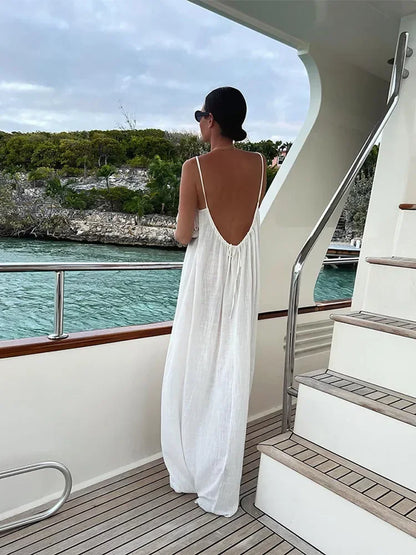 jinran White Backless Sling Maxi Dress For Women Sexy Solid Off Shoulder Sleeveless Dresses Summer Lady Loose Beach Vacation Robes