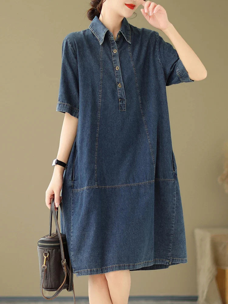 jinran 2024 Summer New Korea Woman Dress Vestidos Robe Elbise Loose Plus Size Fashion Polo Short Sleeve Denim Dresses