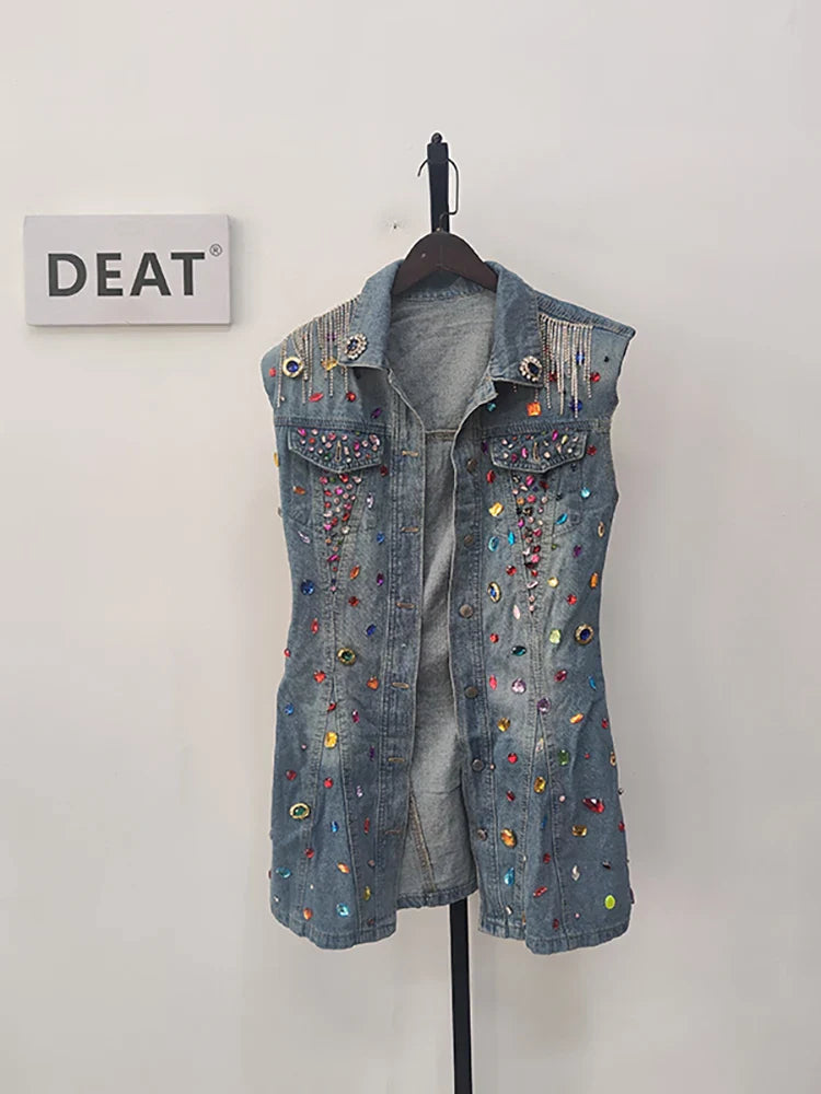 jinran Women Denim Dress Sleeveless Diamonds Gemstone Tassel Slim High Waist Single Breasted Dress 2024 Summer New Fashion 29L2129