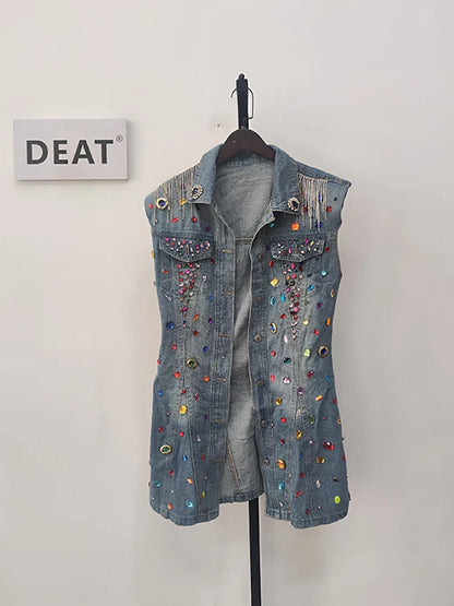 jinran Women Denim Dress Sleeveless Diamonds Gemstone Tassel Slim High Waist Single Breasted Dress 2024 Summer New Fashion 29L2129