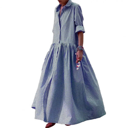 jinran Lapel Plaid Print Women Shirt Dress Summer Elegant Party Dresses For Women 2024 Casual Full Length Lady Maxi Dres Pleated Dress