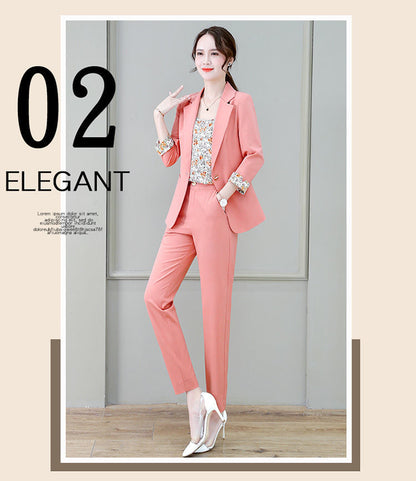 jinran 2022 Summer New Korean Fashion Elegant Women's Pants Suit Printed Vest Flannel Jacket Casual Trousers Three Piece Set Blazer