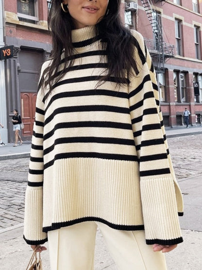 jinran Autumn New Women's High Collar Knitted Sweater Striped Slit Pullover Oversized Sweater Winter Clothes Women Thick Sweaters