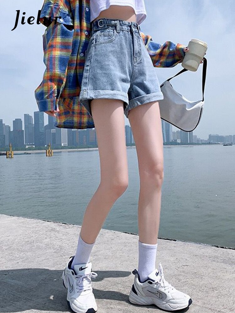 jinran Summer New Women Adjustable Waist Slim Short Jeans Lady High Street Wide Leg Short Pants Female High Waist A-Line Shorts