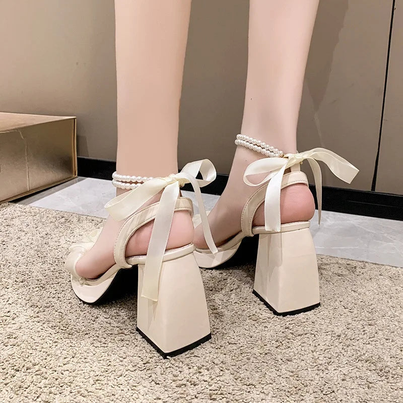 jinran Comfort Shoes for Women Pearl Sandals Suit Female Beige Increasing Height Block Heels All-Match Black Bow 2024 Fashion Chunky Gi