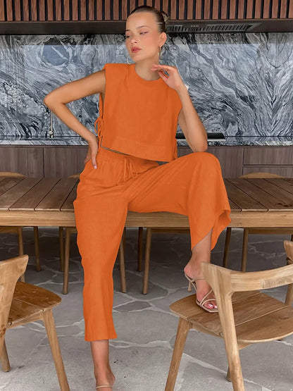 jinran Spring Summer 2024 Women Holiday Linen Pant Set Crop Tops Solid Outfits 2 Two Piece Matching Set For Women